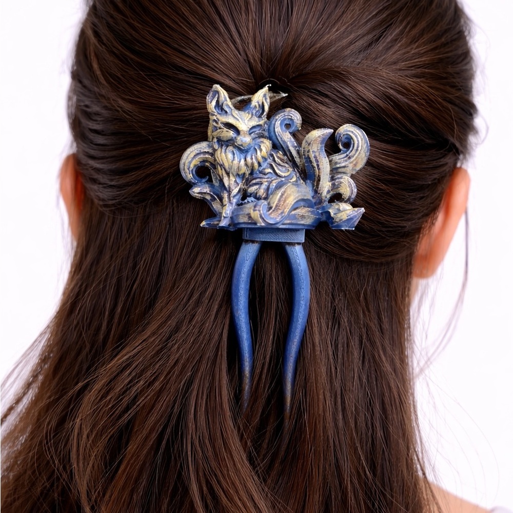Fantasy Fox Hair Pin | Blue & Gold Mystical Fox Hair Stick | Hand-Painted